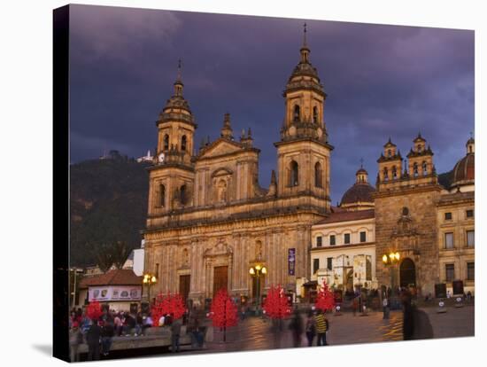 Colombia, Bogota, Plaza De Bolivar, Neoclassical Cathedral Primada De Colombia at Christmas-Jane Sweeney-Stretched Canvas