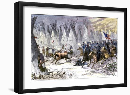 Colonel Chivington Leading U.S. Cavalry Massacre of Black Kettle's Village at Sand Creek, c.1864-null-Framed Giclee Print