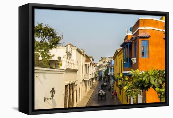 Colonial architecture in the UNESCO World Heritage Site area, Cartagena, Colombia, South America-Michael Runkel-Framed Stretched Canvas