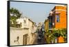 Colonial architecture in the UNESCO World Heritage Site area, Cartagena, Colombia, South America-Michael Runkel-Framed Stretched Canvas