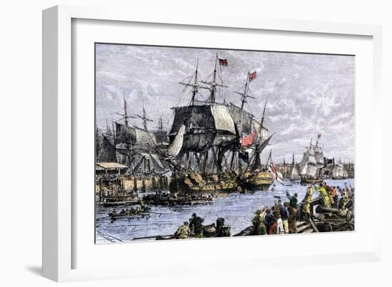 Colonial Protestors Emptying Tea during the Boston Tea Party, c.1773-null-Framed Giclee Print