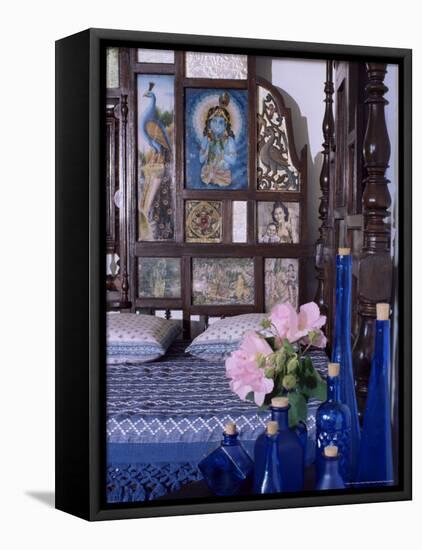 Colonial Style Bed with Bed Headboard Inlaid with 19th Century Prints of the God Krishna-John Henry Claude Wilson-Framed Stretched Canvas