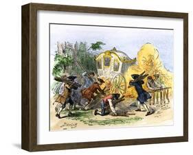 Colonials Setting a Bonfire at the Bowling-Green to Protest the Stamp Act in New York City, c.1765-null-Framed Giclee Print