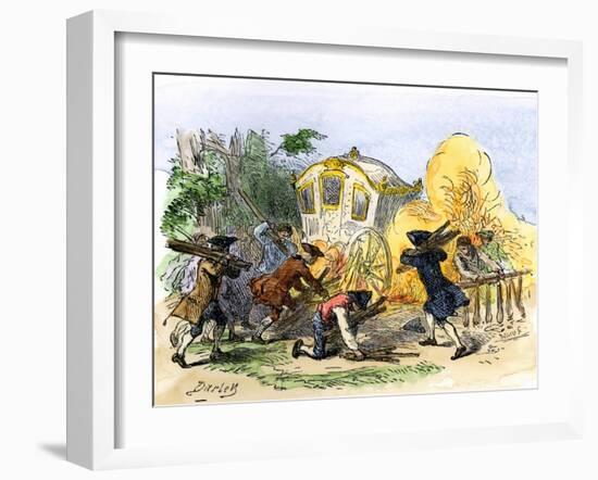 Colonials Setting a Bonfire at the Bowling-Green to Protest the Stamp Act in New York City, c.1765-null-Framed Giclee Print