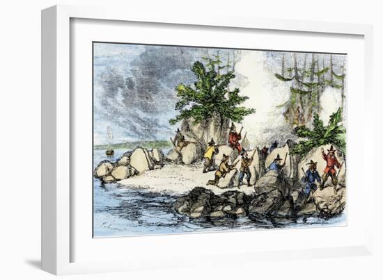 Colonists and Native Americans Battling in Tiverton, Rhode Island, during King Philip's War, c.1600-null-Framed Giclee Print