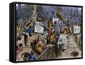 Colonists Throwing Boxes of Tea Overboard During the Boston Tea Party, 1773-null-Framed Stretched Canvas