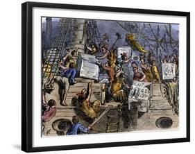 Colonists Throwing Boxes of Tea Overboard During the Boston Tea Party, 1773-null-Framed Giclee Print