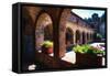 Colonnade Of An Old World Castle In Napa Valley-George Oze-Framed Stretched Canvas