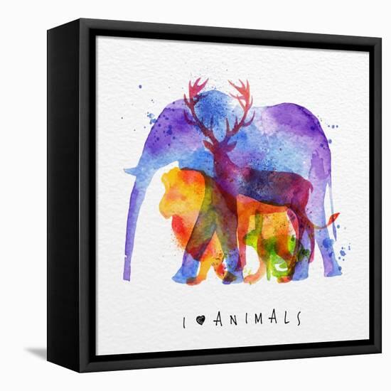 Color Animals ,Elephant, Deer, Lion, Rabbit, Drawing Overprint on Paper Background Lettering I Love-anna42f-Framed Stretched Canvas