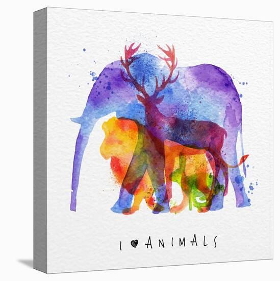 Color Animals ,Elephant, Deer, Lion, Rabbit, Drawing Overprint on Paper Background Lettering I Love-anna42f-Stretched Canvas