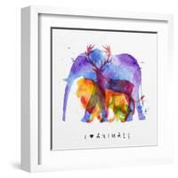 Color Animals ,Elephant, Deer, Lion, Rabbit, Drawing Overprint on Paper Background Lettering I Love-anna42f-Framed Art Print