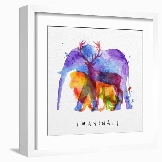 Color Animals ,Elephant, Deer, Lion, Rabbit, Drawing Overprint on Paper Background Lettering I Love-anna42f-Framed Art Print