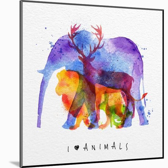 Color Animals ,Elephant, Deer, Lion, Rabbit, Drawing Overprint on Paper Background Lettering I Love-anna42f-Mounted Art Print