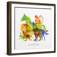 Color Animals ,Horse, Wolf, Monkey, Lion, Rabbit, Drawing Overprint on Watercolor Paper Background-anna42f-Framed Art Print