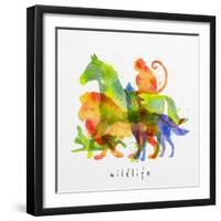 Color Animals ,Horse, Wolf, Monkey, Lion, Rabbit, Drawing Overprint on Watercolor Paper Background-anna42f-Framed Art Print