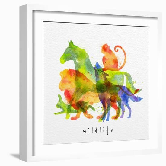 Color Animals ,Horse, Wolf, Monkey, Lion, Rabbit, Drawing Overprint on Watercolor Paper Background-anna42f-Framed Art Print