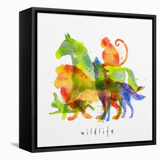 Color Animals ,Horse, Wolf, Monkey, Lion, Rabbit, Drawing Overprint on Watercolor Paper Background-anna42f-Framed Stretched Canvas