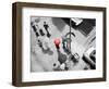 Color Pop,1950s AERIAL OF STREET CORNER IN THE RAIN PEDESTRIANS WITH UMBRELLAS CARS WET PAVEMENT-null-Framed Photographic Print