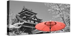 Color Pop, Cherry Blossom Matsue Castle Japan, Living Coral-null-Stretched Canvas