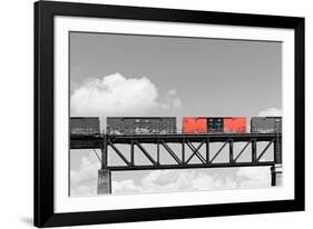 Color Pop, Freight train passing over a bridge, Ontario, Canada, Living Coral-null-Framed Photographic Print