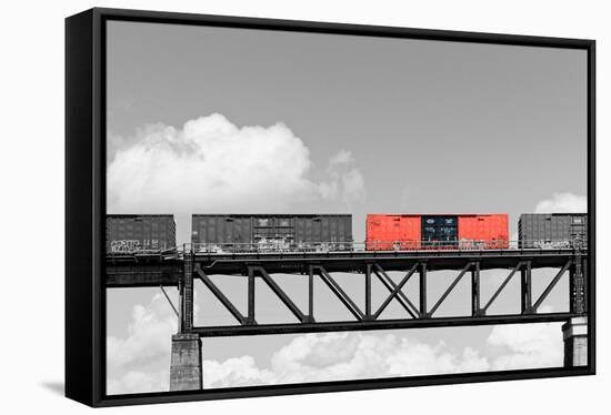 Color Pop, Freight train passing over a bridge, Ontario, Canada, Living Coral-null-Framed Stretched Canvas