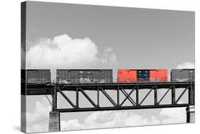 Color Pop, Freight train passing over a bridge, Ontario, Canada, Living Coral-null-Stretched Canvas