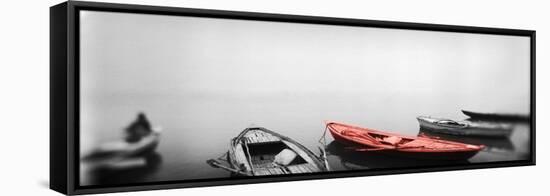 Color Pop, Row boats in a river, Ganges River, Varanasi, Uttar Pradesh, India, Living Coral-null-Framed Stretched Canvas