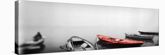 Color Pop, Row boats in a river, Ganges River, Varanasi, Uttar Pradesh, India, Living Coral-null-Stretched Canvas