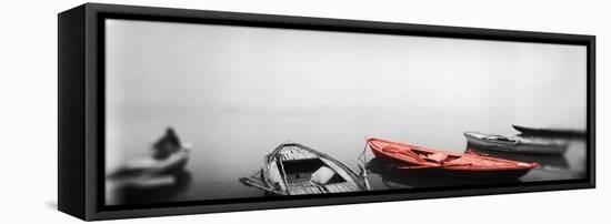 Color Pop, Row boats in a river, Ganges River, Varanasi, Uttar Pradesh, India, Living Coral-null-Framed Stretched Canvas