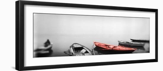 Color Pop, Row boats in a river, Ganges River, Varanasi, Uttar Pradesh, India, Living Coral-null-Framed Photographic Print