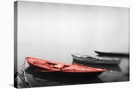 Color Pop, Row boats in a river, Ganges River, Varanasi, Uttar Pradesh, India, Living Coral-null-Stretched Canvas