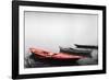 Color Pop, Row boats in a river, Ganges River, Varanasi, Uttar Pradesh, India, Living Coral-null-Framed Photographic Print