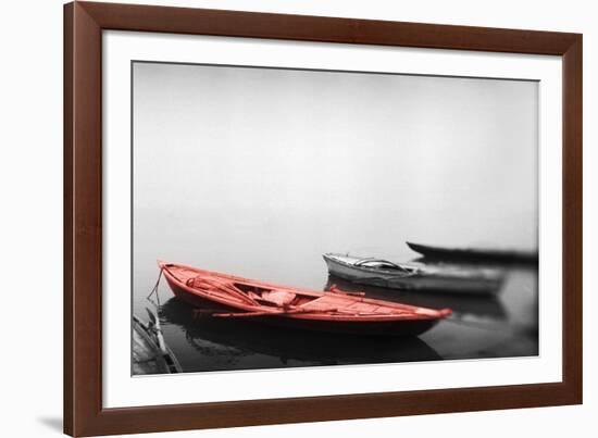 Color Pop, Row boats in a river, Ganges River, Varanasi, Uttar Pradesh, India, Living Coral-null-Framed Photographic Print