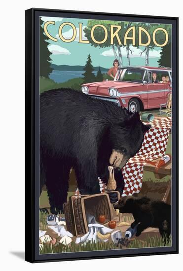 Colorado - Bear and Picnic Scene-Lantern Press-Framed Stretched Canvas