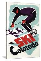 Colorado - Black and Purple Clothed Skier Skiing Colorado Poster-Lantern Press-Stretched Canvas