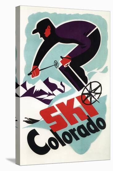 Colorado - Black and Purple Clothed Skier Skiing Colorado Poster-Lantern Press-Stretched Canvas