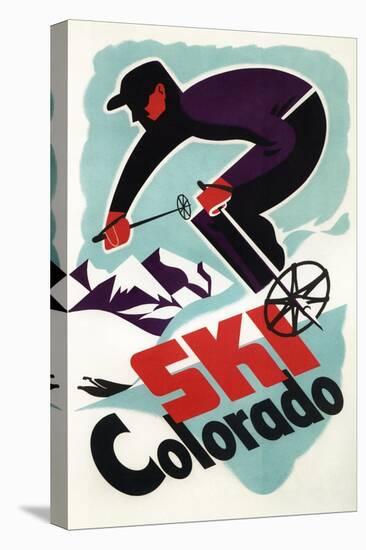 Colorado - Black and Purple Clothed Skier Skiing Colorado Poster-Lantern Press-Stretched Canvas
