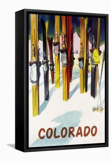 Colorado - Colorful Skis-Lantern Press-Framed Stretched Canvas