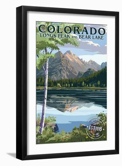 Colorado - Longs Peak and Bear Lake Summer - Rubber Stamp-Lantern Press-Framed Art Print