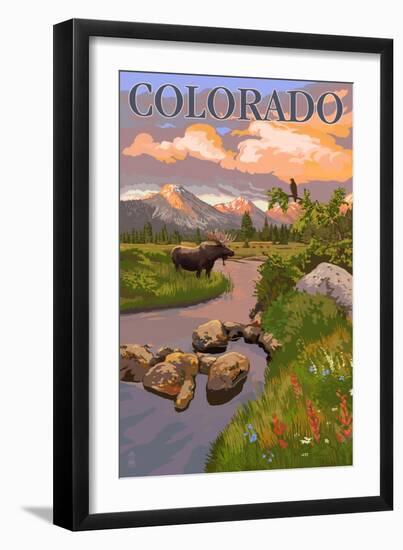 Colorado - Moose and Meadow Scene-Lantern Press-Framed Art Print