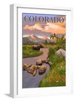 Colorado - Moose and Meadow Scene-Lantern Press-Framed Art Print