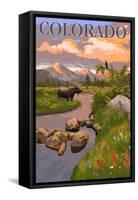 Colorado - Moose and Meadow Scene-Lantern Press-Framed Stretched Canvas