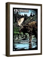 Colorado - Moose - Scratchboard-Lantern Press-Framed Art Print