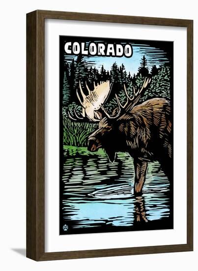 Colorado - Moose - Scratchboard-Lantern Press-Framed Art Print