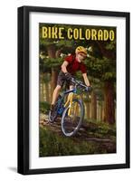 Colorado - Mountain Biker in Trees-Lantern Press-Framed Art Print