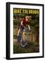 Colorado - Mountain Biker in Trees-Lantern Press-Framed Art Print