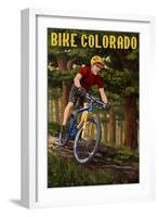 Colorado - Mountain Biker in Trees-Lantern Press-Framed Art Print