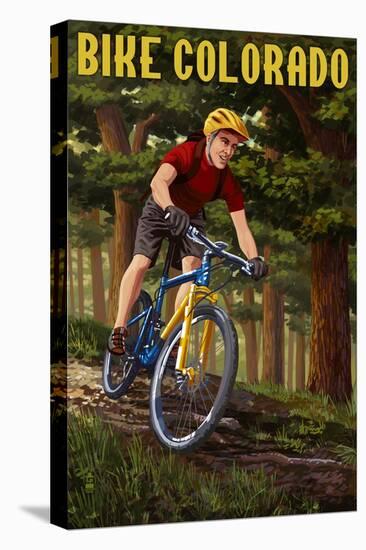 Colorado - Mountain Biker in Trees-Lantern Press-Stretched Canvas