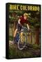 Colorado - Mountain Biker in Trees-Lantern Press-Framed Stretched Canvas