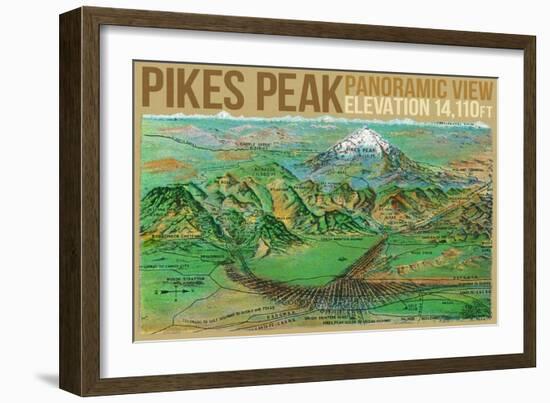 Colorado, Panoramic View of Pikes Peak and the Region, Map-Lantern Press-Framed Art Print